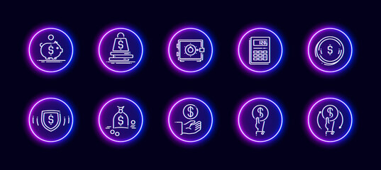 10 in 1 vector icons set related to money and finances theme. Lineart vector icons in neon glow style