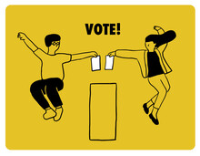 VOTE!「選挙へ行こう」踊りながら投票する若者のイラスト