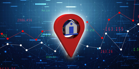 Poster - 3d illustration Search for Property.a Map with Large Red GPS Pointer containing