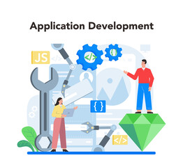 Poster - mobile app development concept. modern technology and smartphone interface