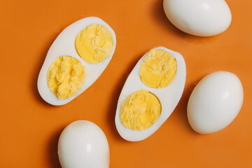 Anormal eggs. Rare eggs with two yolks. Genetic modification. Food photo.