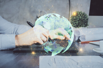 Poster - Double exposure of man's hands holding and using a phone and social network theme drawing.