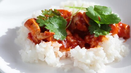 Wall Mural - Eating fried chicken in tomato sauce with rice on white plate.