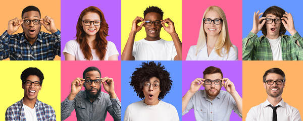 Wall Mural - Diverse joyful people in specs expressing positive emotions