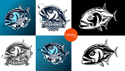 Fishing emblem of  permit isolated on white. Bone fish logo in blue colours. Ocean theme background.