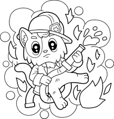 cartoon cute cat firefighter, coloring book, funny illustration