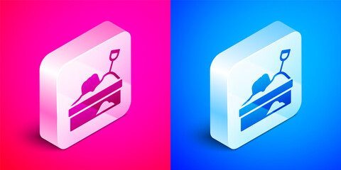 Poster - Isometric Sandbox with sand icon isolated on pink and blue background. Silver square button. Vector