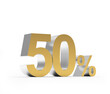 Gold 50 percent sign on white. 3d illustration 