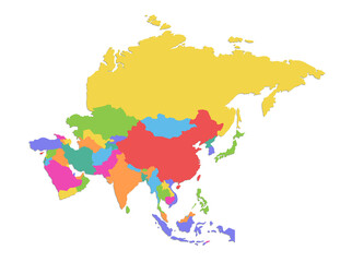  Asia map, separates individual states, color map isolated on white background blank