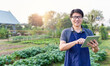 © paulaphoto - Portrait of happy sme owner asian man working with tablet gardening cabbage farm, nursery worker planting in organic farm, startup small business sme owner, asian farmer, fresh vegan food banner