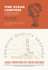 Wall Mural - Fine Ocean Seafood. Abstract Vector Packaging Design or Label. Modern Typography and Hand Drawn Lobster Sketch Silhouette with Sea Lighthouse Background Layout