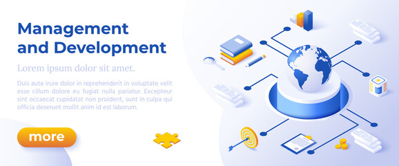 Management and Development - Isometric Design in Trendy Colors Isometrical Icons on Blue Background. Banner Layout Template for Website Development