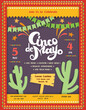 Cinco De Mayo invitation or announcing poster template with landscape decorative elements in scrapbooking style.