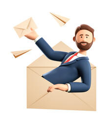 3d illustration of man in a huge postal envelope holding a mail letter. flying paper airplanes and s