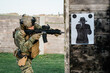 © Marko - Soldier in the uniform (Cropat woodland pattern) taking aim at the target on the shooting range with his personal weapon. He is wearing ballistic helmet and plate carrier in coyote brown.