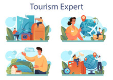 Tourism Expert Concept Set. Travel Agent Selling Tour, Cruise, Airway Or Railway