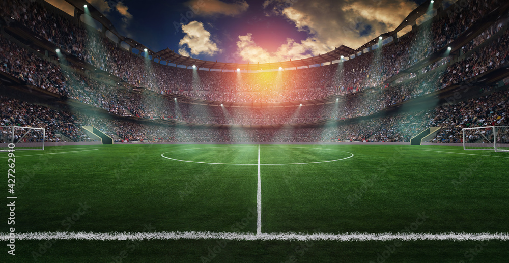 Football lies in the smoke on stadium grass - obrazy, fototapety, plakaty 