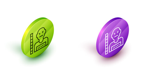 Sticker - Isometric line Suspect criminal icon isolated on white background. The criminal in prison, suspected near the board. Green and purple circle buttons. Vector