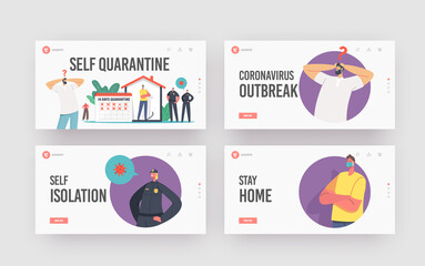 Wall Mural - Characters on Self Quarantine during Covid19 Landing Page Template Set. Tiny People Wear Protective Medical Masks