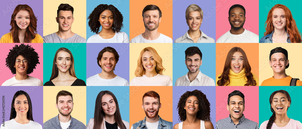 Composite set of diverse young people expressing positive emotions - obrazy, fototapety, plakaty 