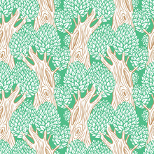Vector Seamless Pattern With Old Deciduous Trees. Colored Repeating Background With Dense Forest In A Flat Cartoon Style. Contour Drawings Of Trees With Hollows On Thick Trunks And Lush Green Foliage