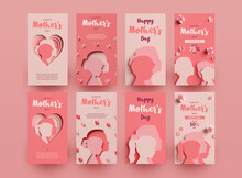 Happy Mother's Day Social Media Stories Collection. Templates With Silhouettes In Paper Cut Style. 3D Rendering