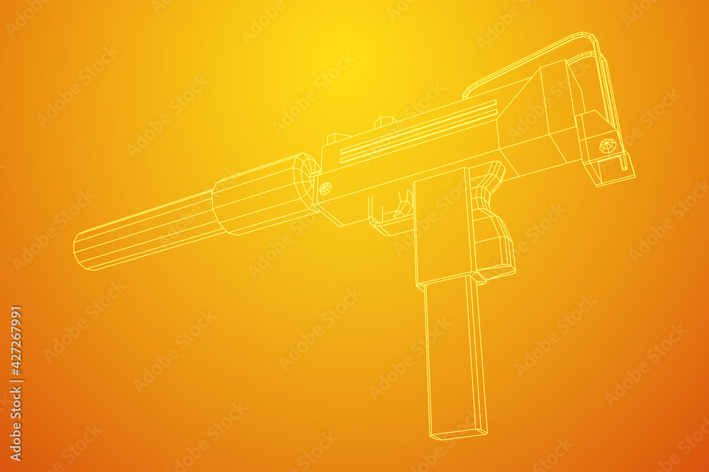 Vector Silenced Submachine gun modern firearms pistol with silencer. Wireframe low poly ...