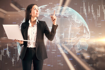 Global trading and stats data concept with satisfied businesswoman on digital world map and financial graphs