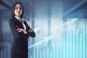 Sticker - Self-confident business lady standing with arms crossed, trading bar charts in the background. Trading and market stock concept