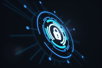 Poster - Cyber security concept with digital lock in glowing blue circles with rays on abstract dark background