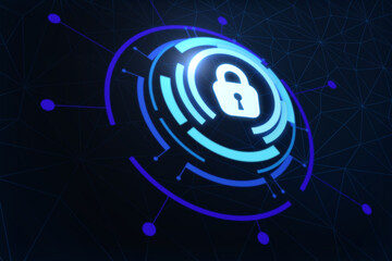 Poster - Network protection concept with digital lock sign and circles around on abstract dark background