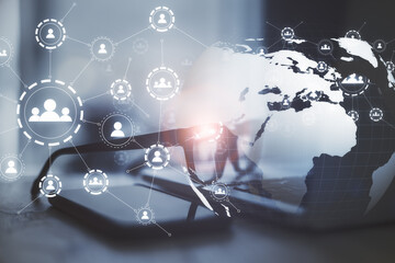 Aufkleber - Multiple application hologram icons with a mobile phone, glasses and laptop in the background. Social media and communication concept, double exposure