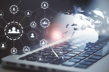 Aufkleber - Multiple application icons with a laptop in the background. Social media and interaction concept, double exposure