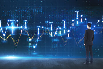 Aufkleber - Big data statistical method concept with businessman looking at virtual screen with stats data indicators on background