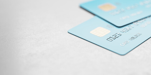 Poster - Online shopping concept with blue credit cards on abstract light surface with copyspace, 3D rendering, mock up