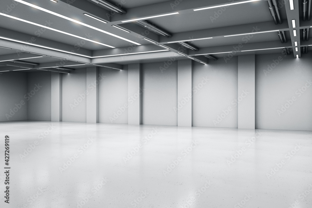Empty big white room with concrete floor and walls, artificially lighted, showroom and exhibition interior design concept, 3d rendering, mock up - obrazy, fototapety, plakaty 