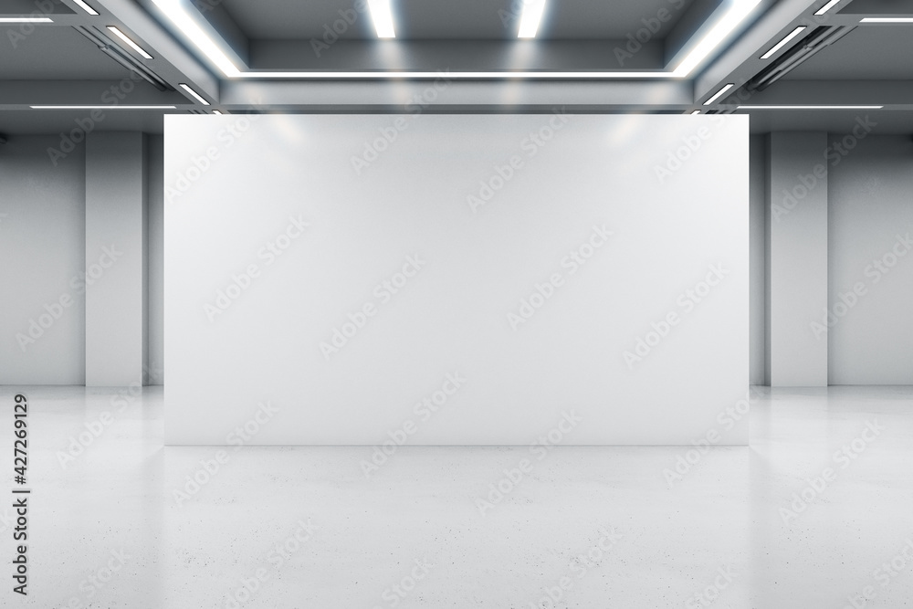 Glossy light partition with copyspace in modern industrial style hall with lamps on ceiling and concrete floor, 3D rendering, mock up - obrazy, fototapety, plakaty 