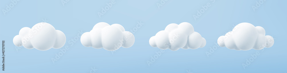 White 3d clouds set isolated on a blue background. Render soft round cartoon fluffy clouds icon in the blue sky. 3d geometric shapes vector illustration