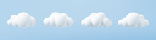 White 3d Clouds Set Isolated On A Blue Background. Render Soft Round Cartoon Fluffy Clouds Icon In The Blue Sky. 3d Geometric Shapes Vector Illustration
