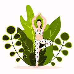 Girl practicing yoga, indoor & outdoor yoga, healthy lifestyle yoga vector