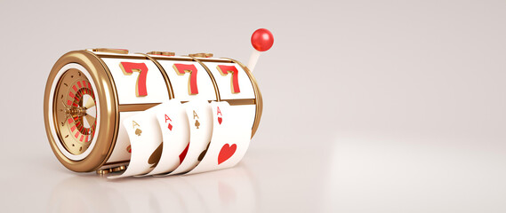 Wall Mural - White Golden And Red Slot Machine With Roulette Wheel Inside And Ace Playing Cards, Isolated On The White Background - 3D Illustration 