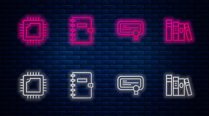 Aufkleber - Set line Spiral notebook, Certificate template, Processor with CPU and Book. Glowing neon icon on brick wall. Vector