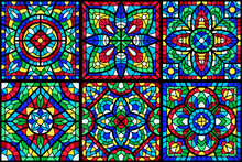 Stained-glass Window With Colored Piece. Decorative Mosaic Tile Pattern.
