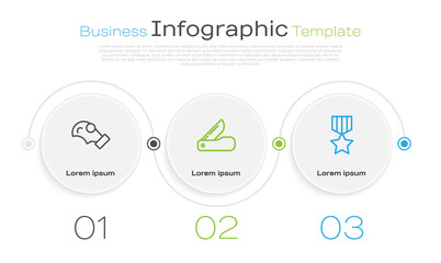 Poster - Set line Gas mask, Swiss army knife and Military reward medal. Business infographic template. Vector