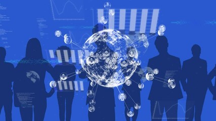 Sticker - Animation of globe with network of connections, data processing over silhouettes of business people