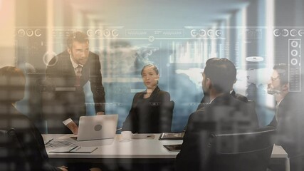 Poster - Animation of businessman in meeting touching interactive screen with data processing