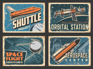Poster - Space retro posters, orbital station and shuttle rocket launch project for galaxy exploration. Vector astronaut and cosmonaut spaceship, aerospace center and satellites flight history museum