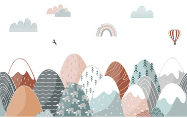 Wall Mural - Seamless pattern with doodle mountains in Scandinavian style. Decorative landscape border background. Cute hand drawn ornament