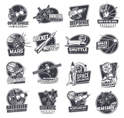 Poster - Space vector retro icons with spaceships or satellites. Mars research, lunar program, rocket museum and near earth orbital station. Artificial sputnik deep space exploration, scientific research signs