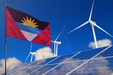 Antigua and Barbuda renewable energy, wind and solar energy concept with windmills and solar panels - renewable energy - industrial illustration, 3D illustration